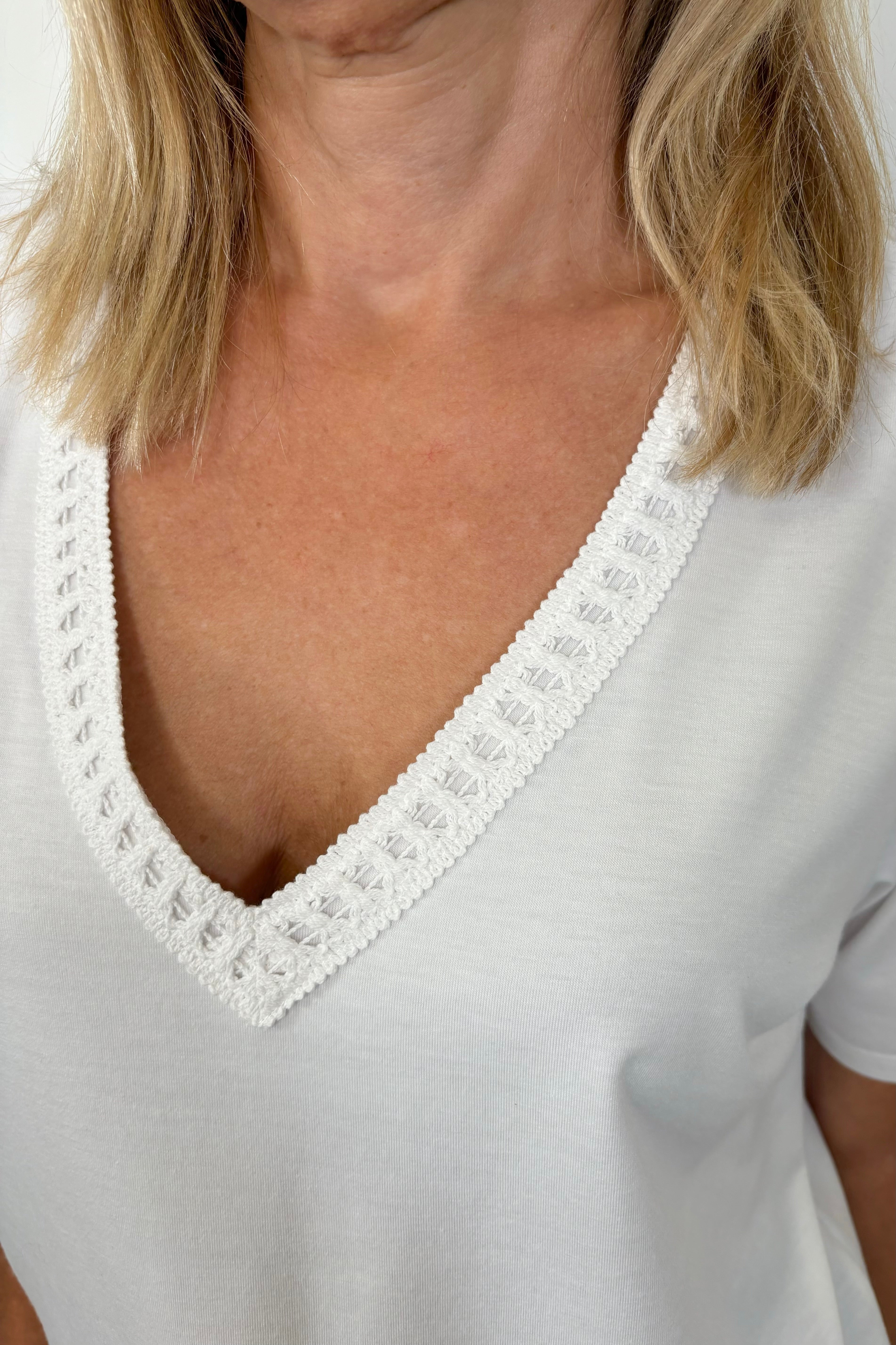 Close up of the v-neck detailing of a white cotton tee