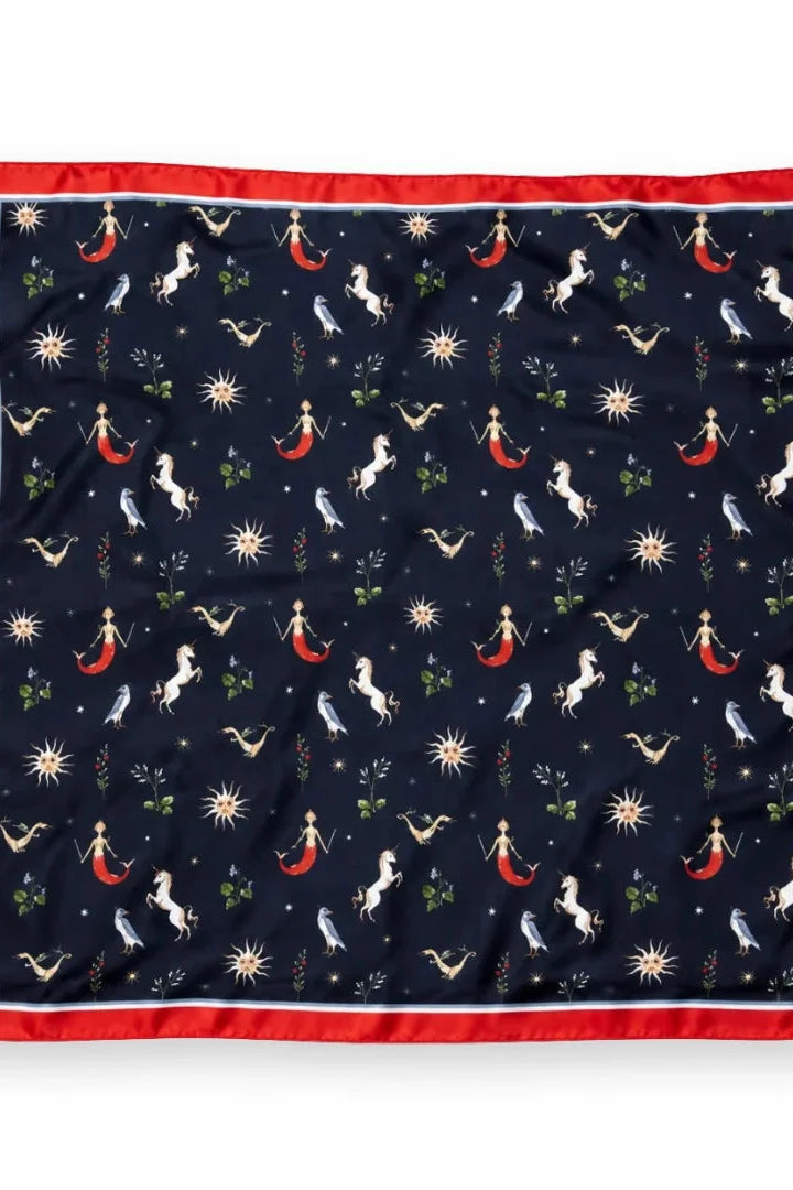 navy scarf with mermaid and unicorn pattern 