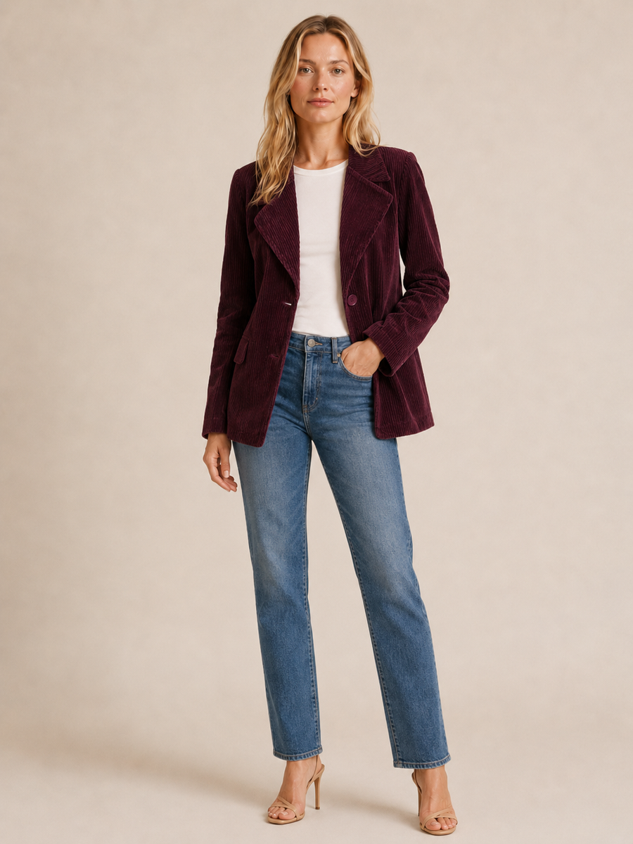 A woman modeling a dark burgundy velvet blazer. 