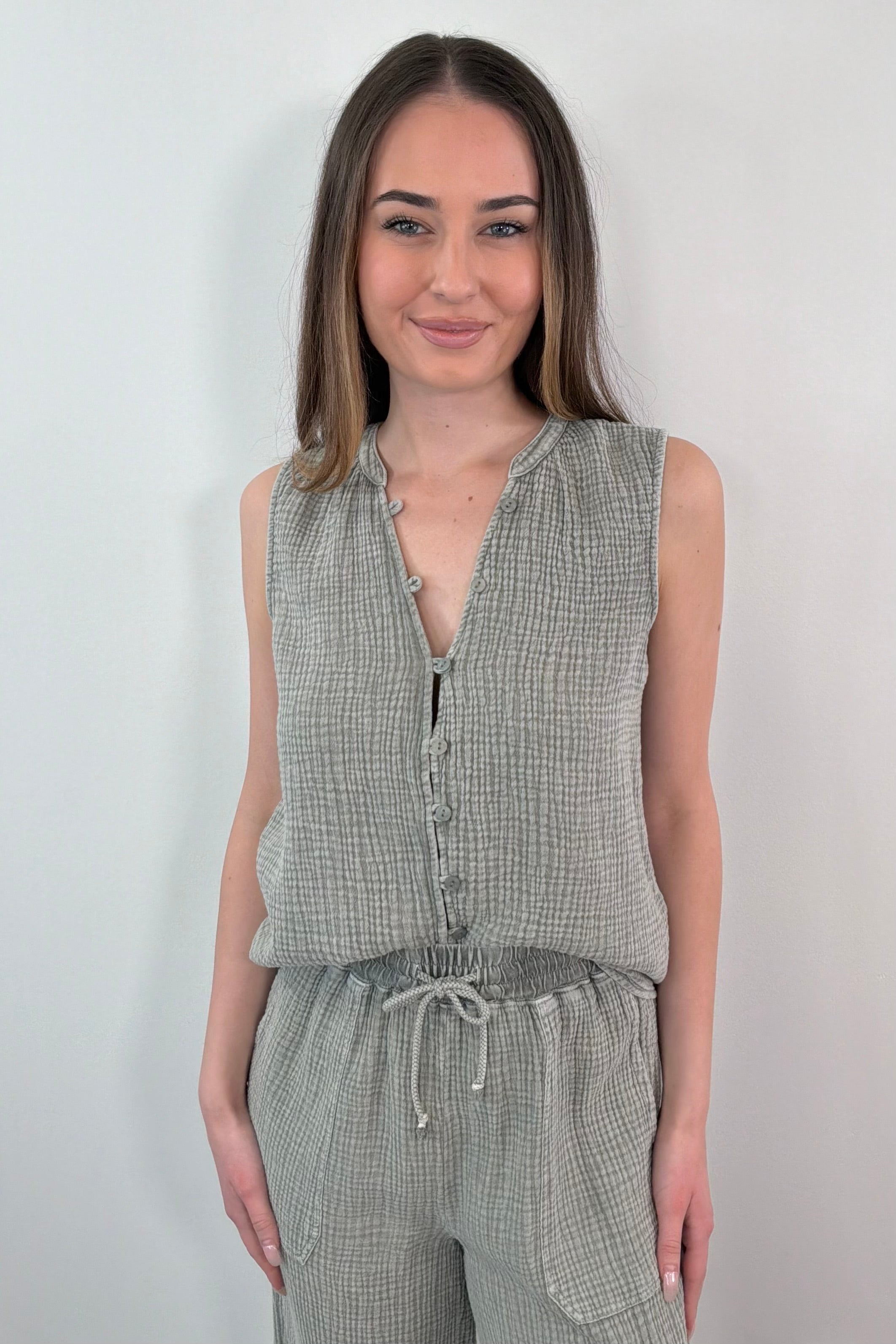 sleeveless button-front top in textured gauze fabric, front view