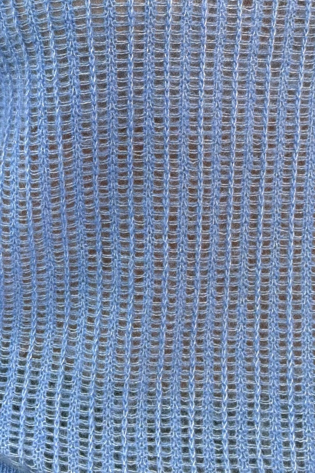 close-up of a blue open knit cashmere sweater 