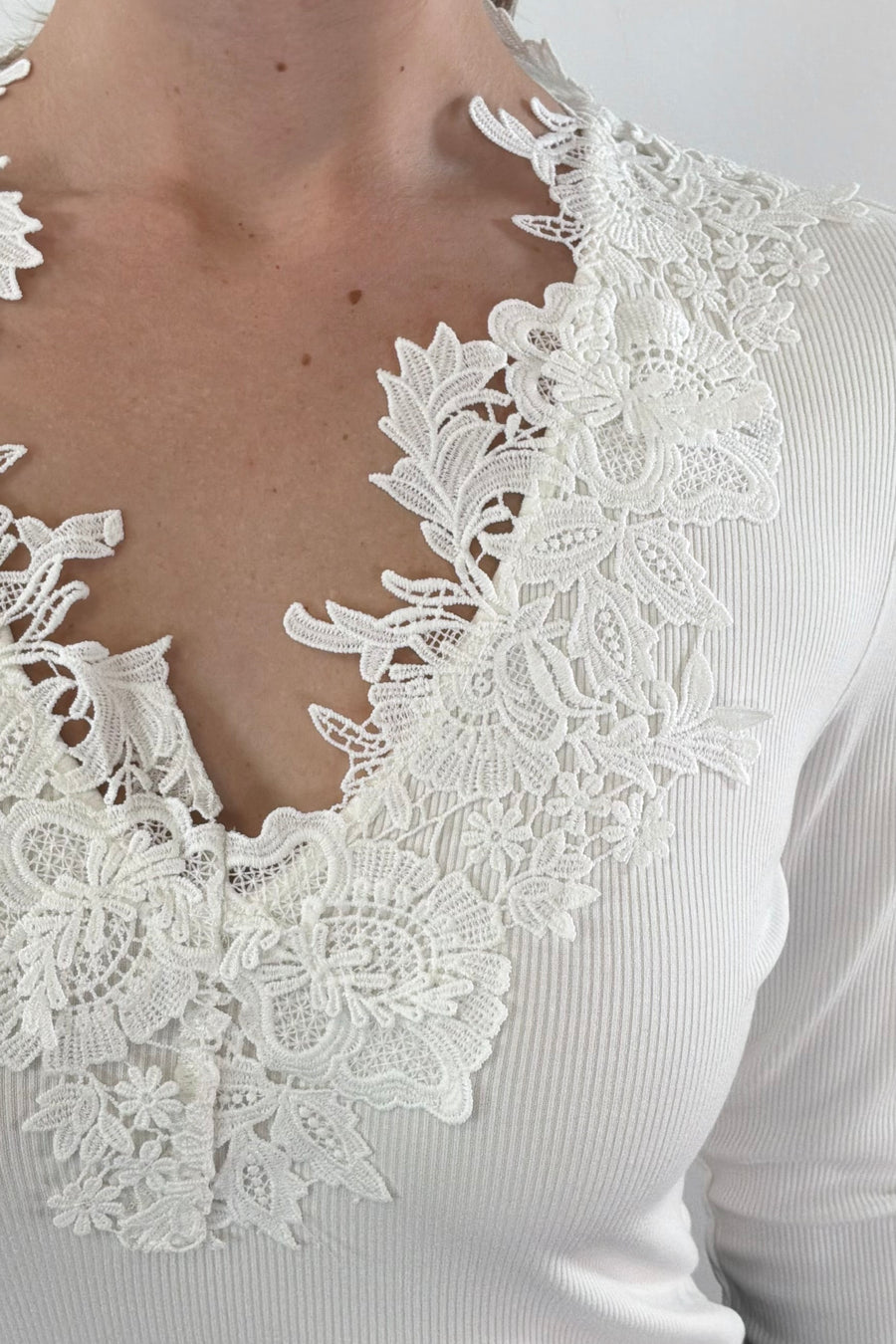 Closeup of a woman wearing white ribbed top with lace details on neckline