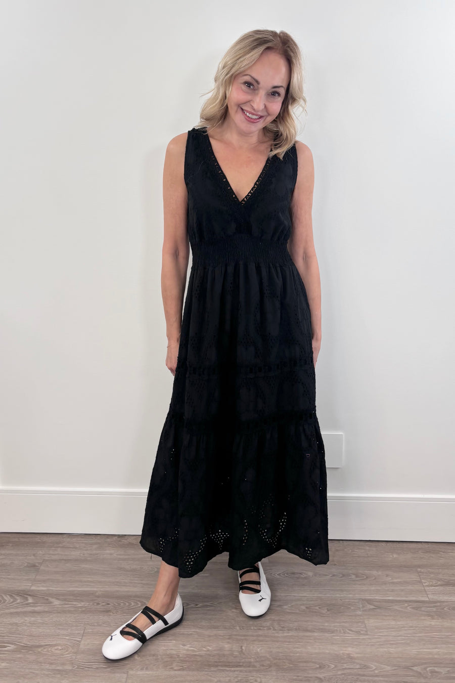 Astrid Ellisse Cotton Eyelette Dress in Black