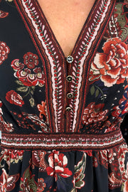 Close-up of a floral patterned garment with buttons.