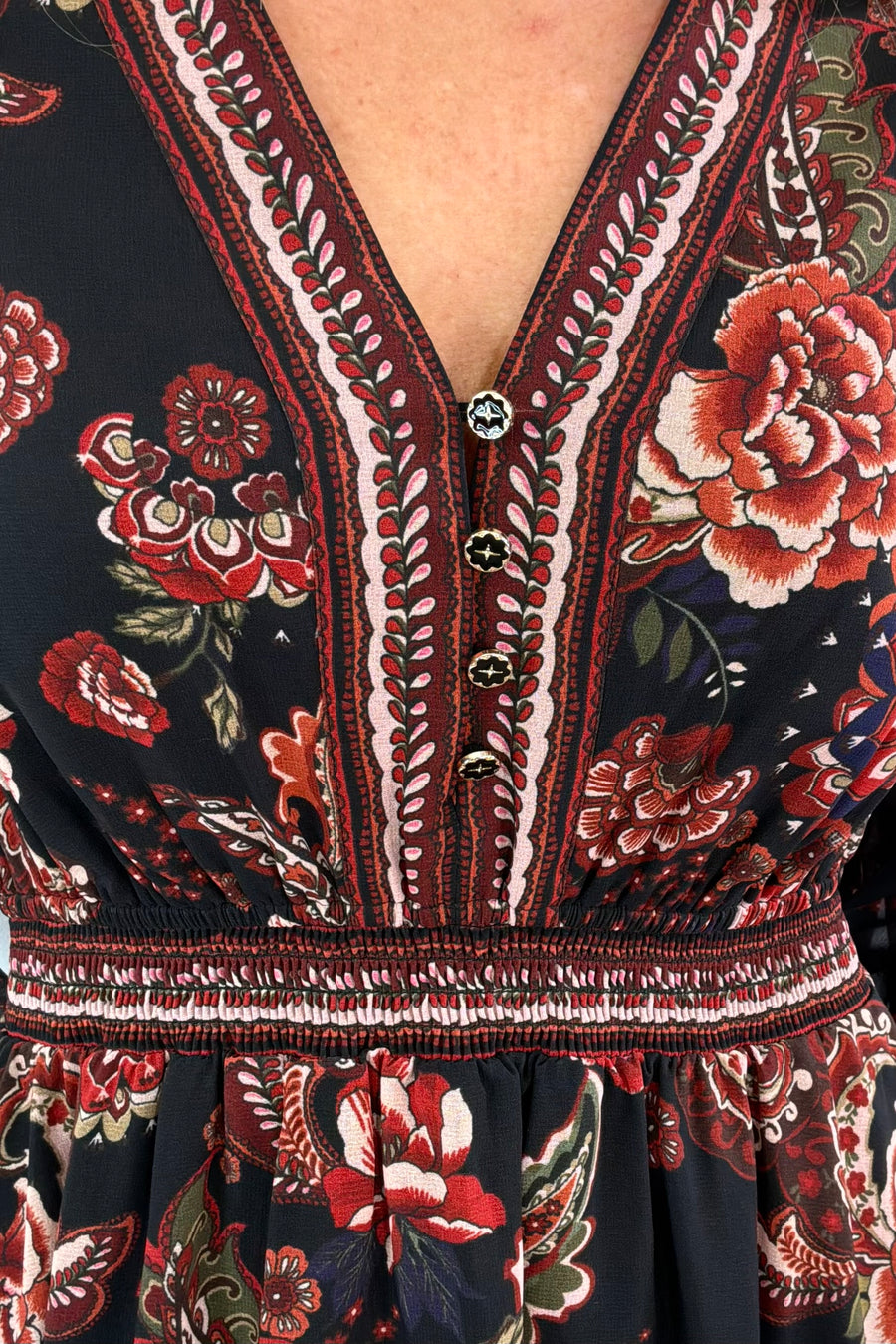 Close-up of a floral patterned garment with buttons.