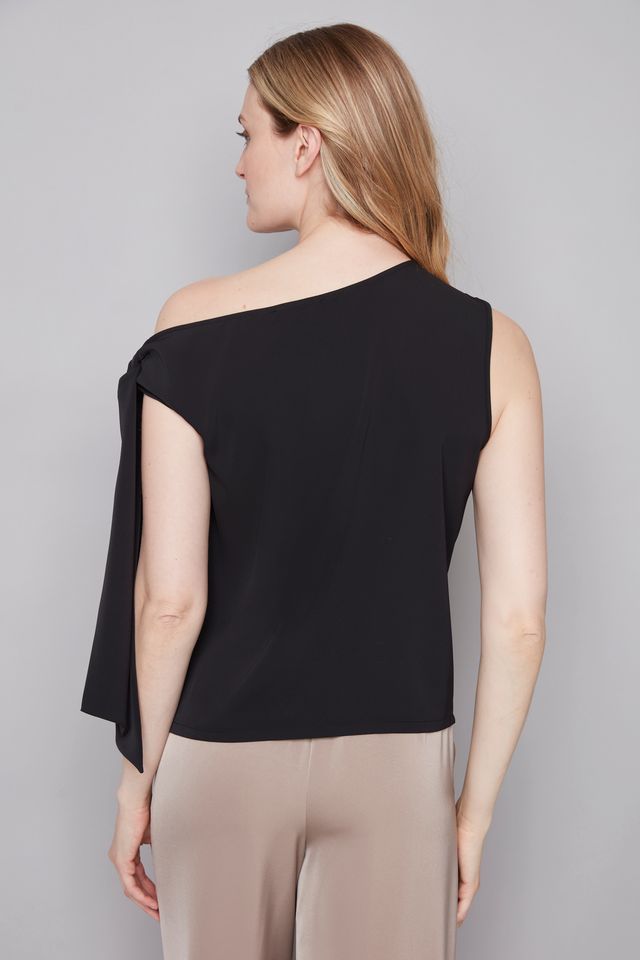 Back view of woman wearing wide neckline off the shoulder top in black