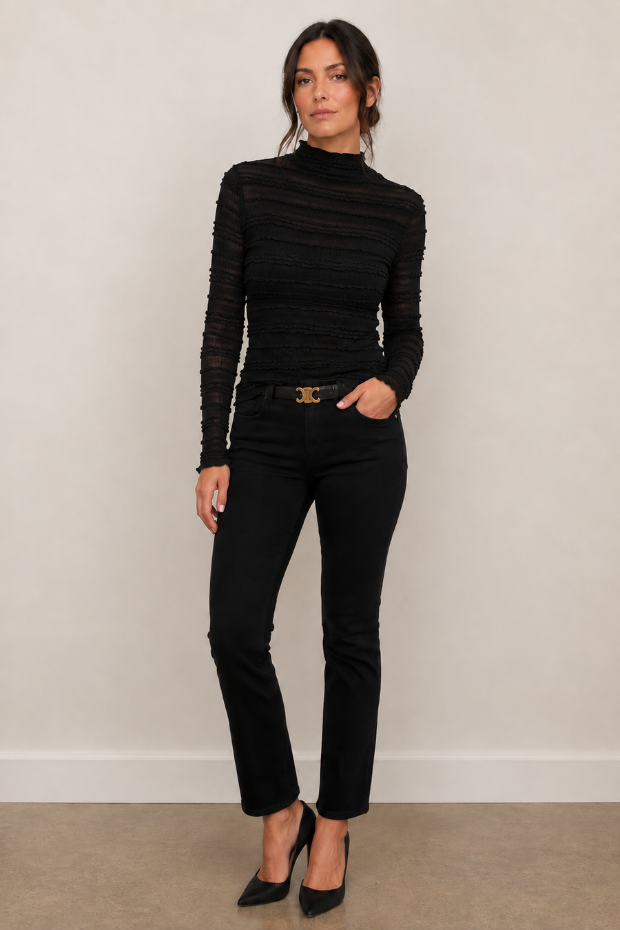 woman wearing high neck ribbed black long sleeve top 