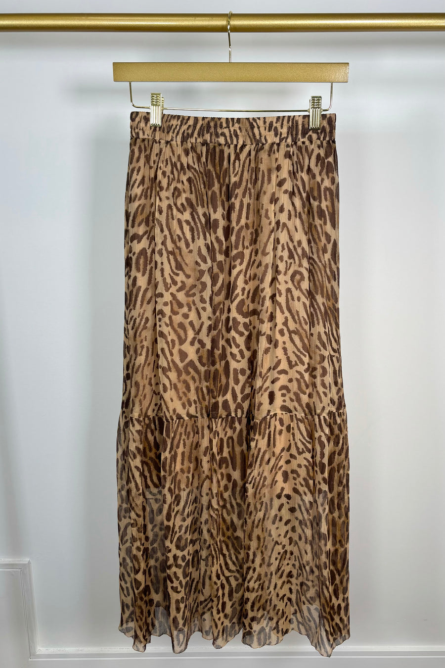 Front view of leopard print maxi skirt