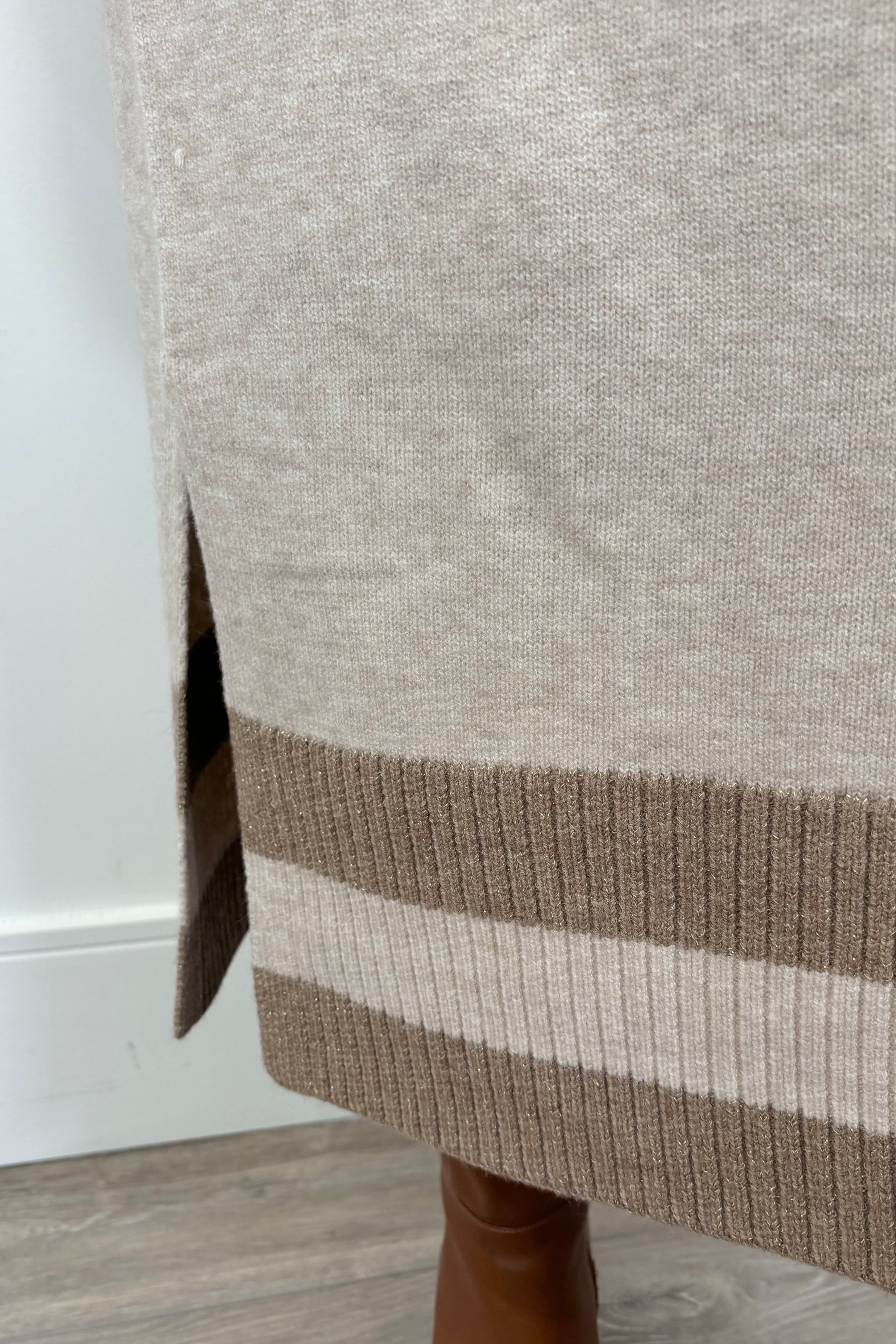 Close-up of a beige maxi long sleeve mock neck sweater dress