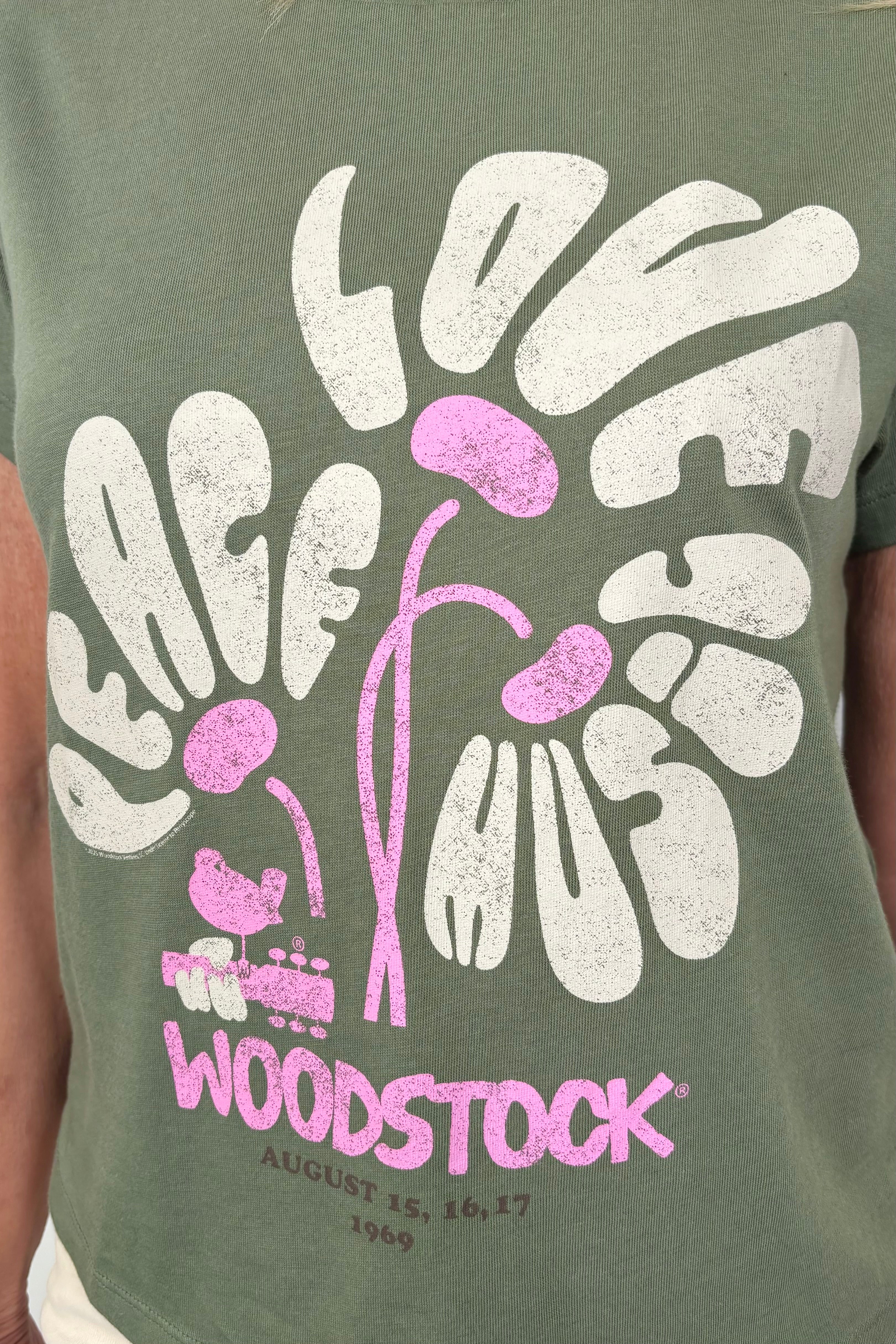 Close-up of the print on a woodstok-festival tee