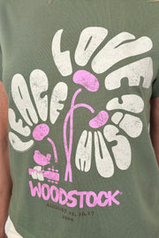 Close-up of the print on a woodstok-festival tee