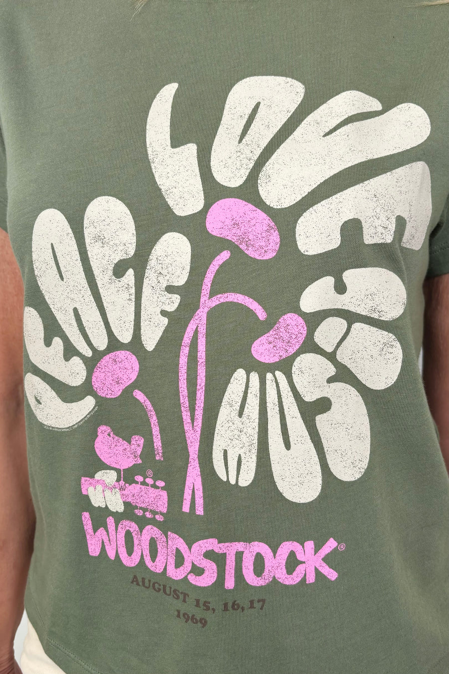 Close-up of the print on a woodstok-festival tee