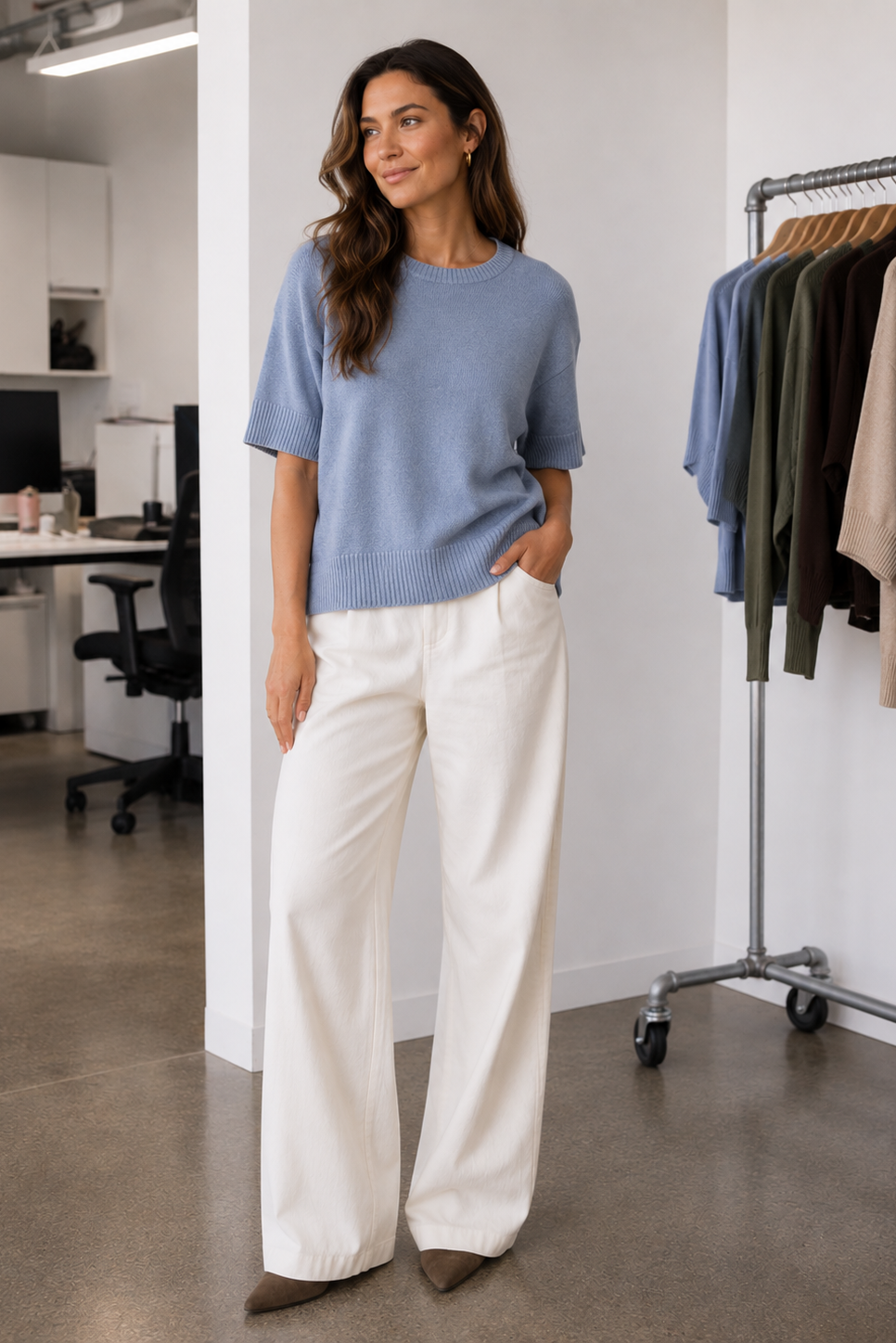 woman wearing a blue short sleeve sweater 