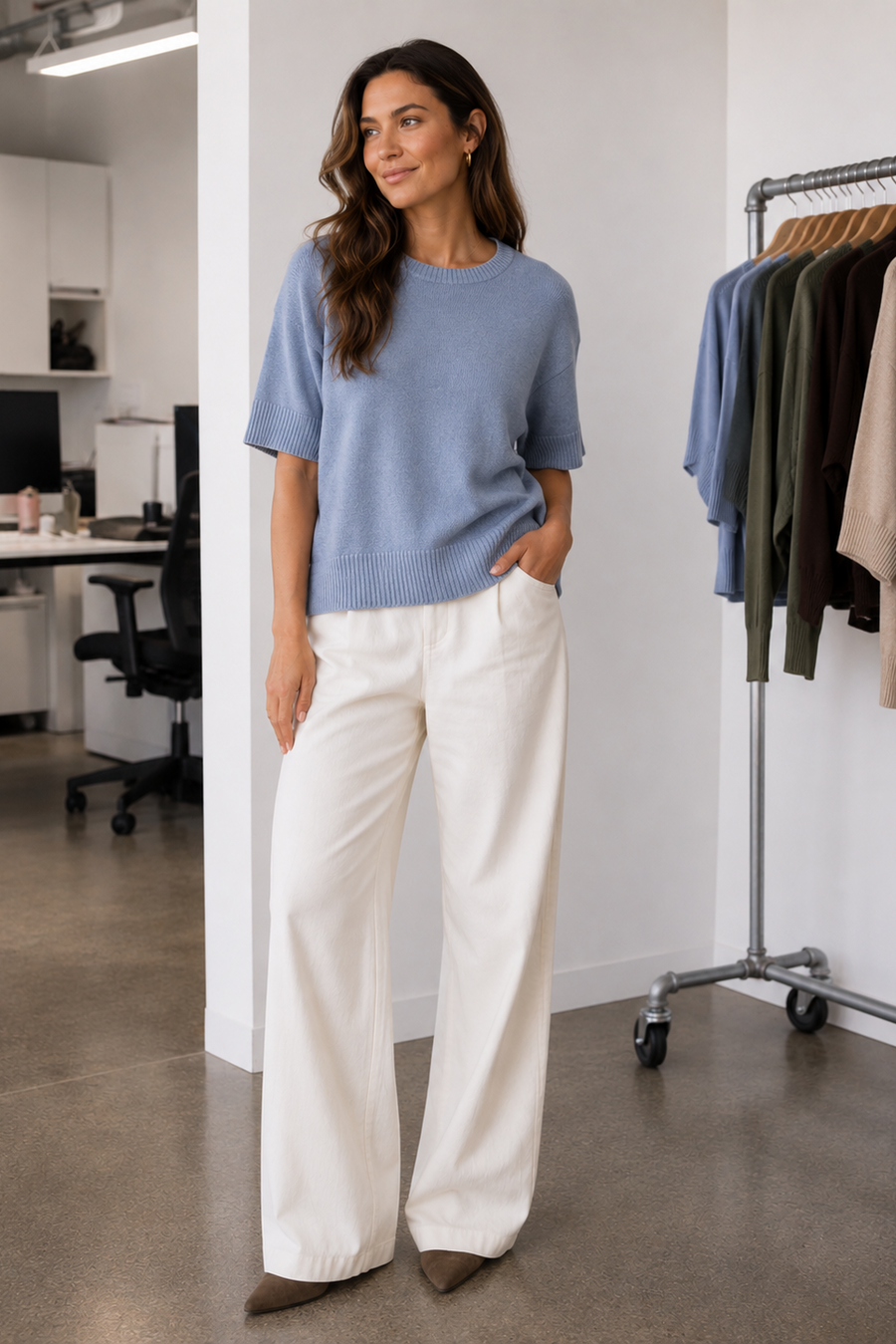 woman wearing a blue short sleeve sweater 
