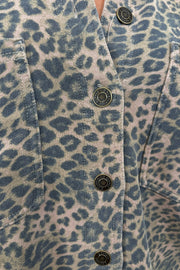 close up of a denim leopard print jacket