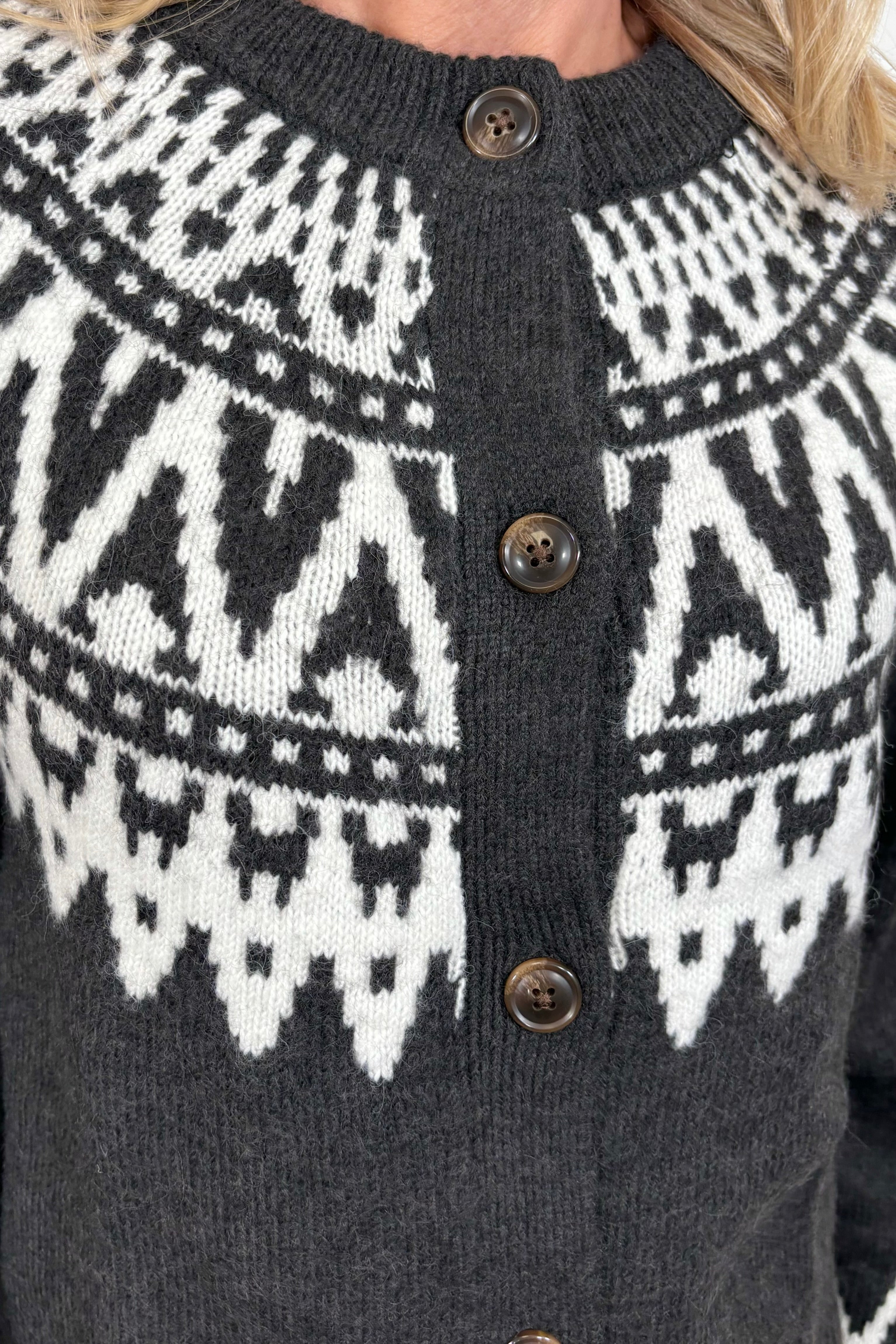 Close-up of a dark gray cardigan with white patterns on the top