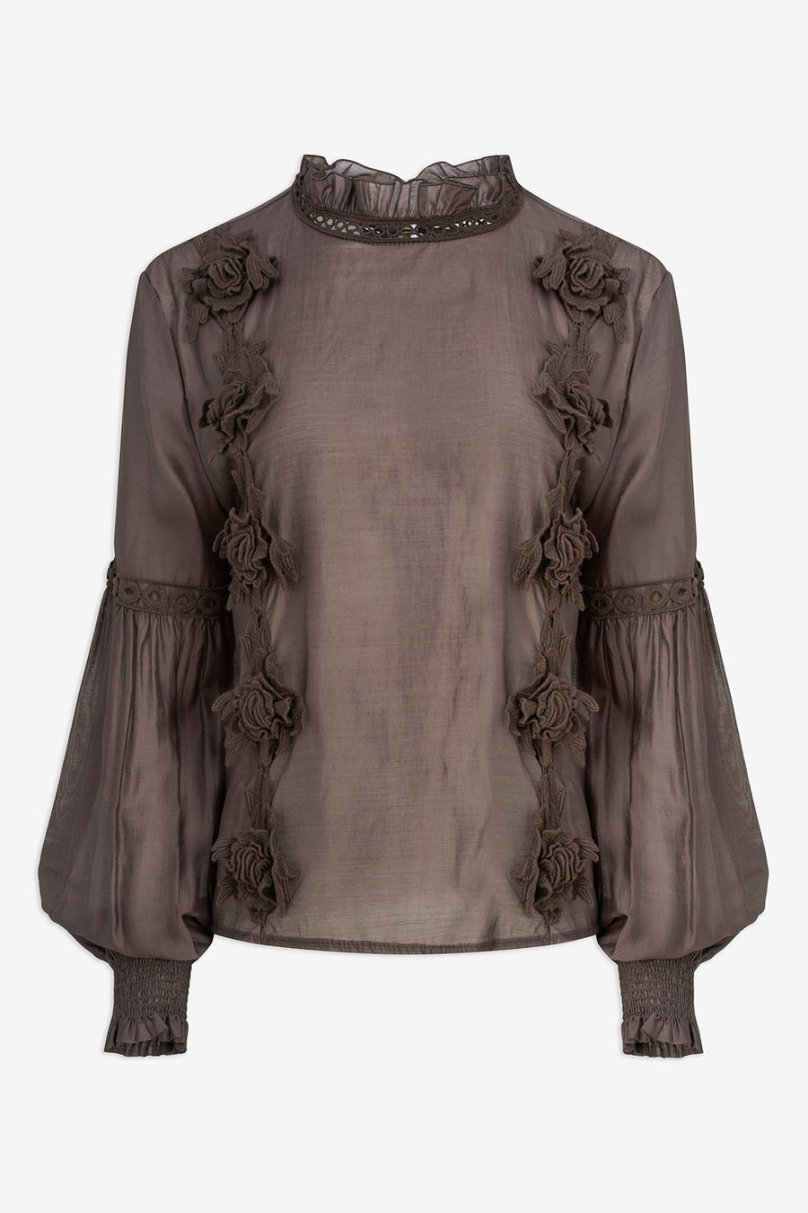 brown high collard blouse, puffed sleeves, floral detailing 