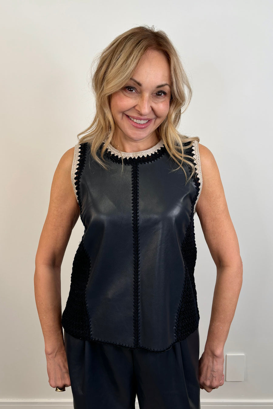 Melissa Nepton Naru Faux Leather Crochet Tank in Navy