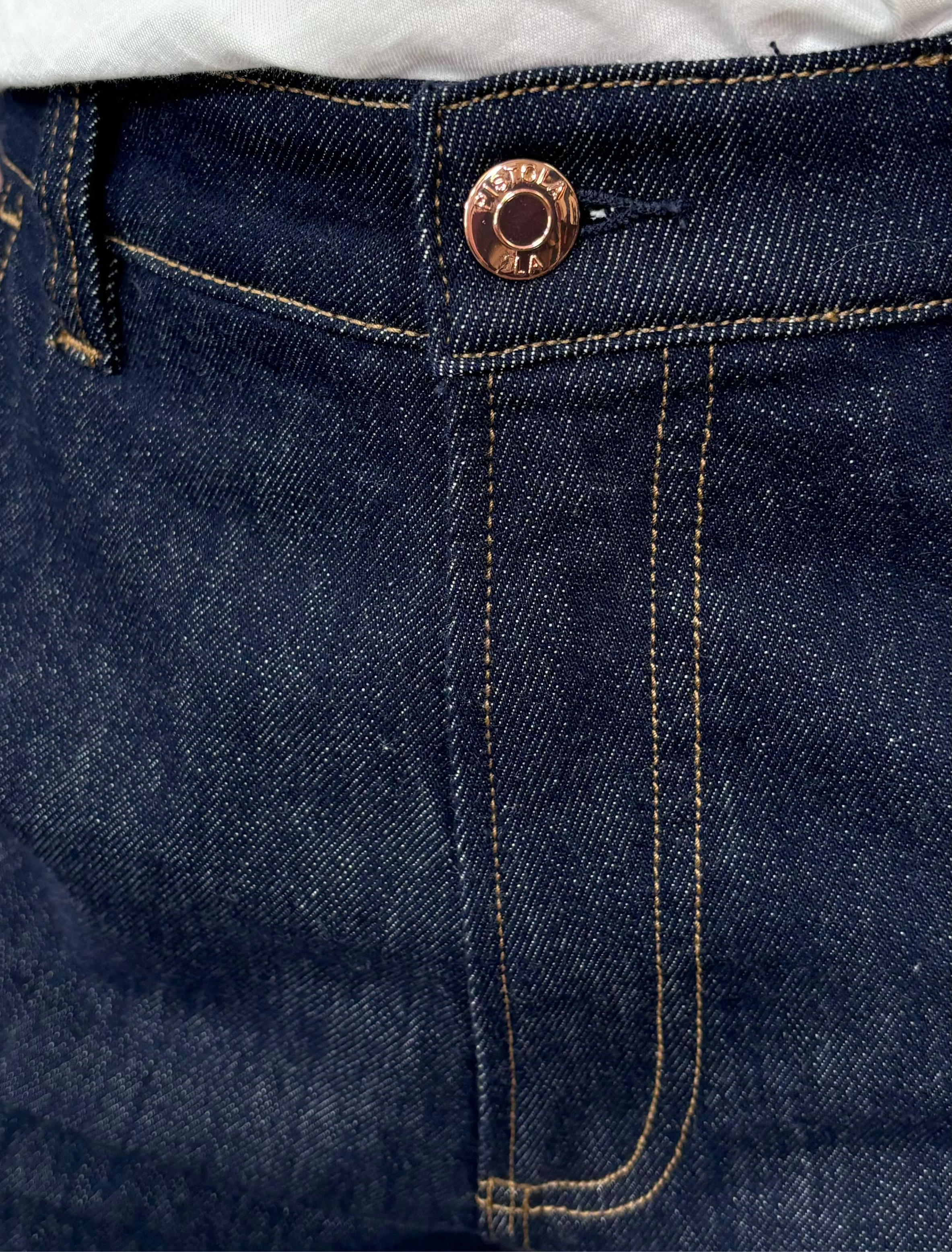 close-up of a dark wash jean