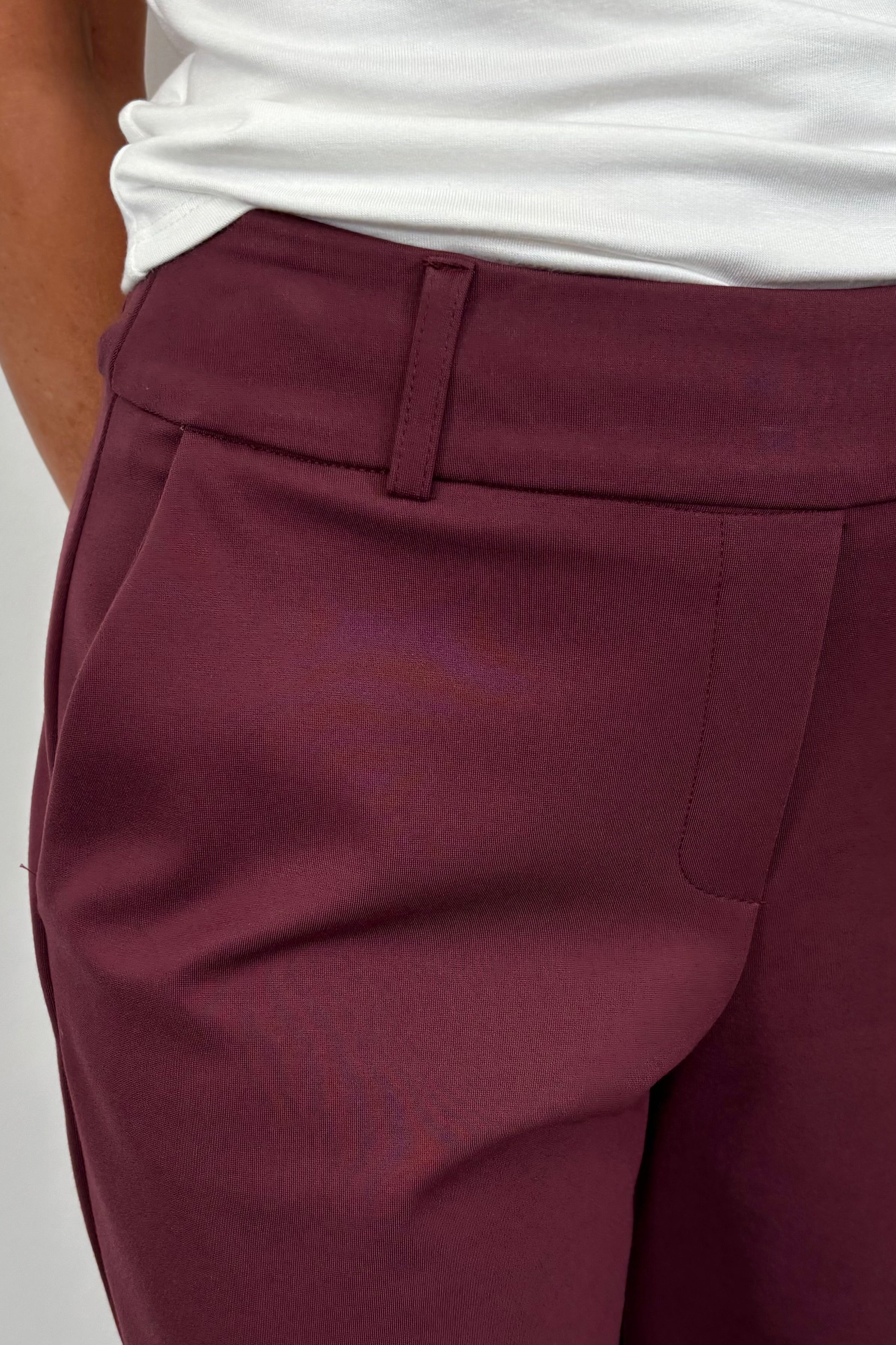 Close-up of a woman wearing a pair of burgundy pants
