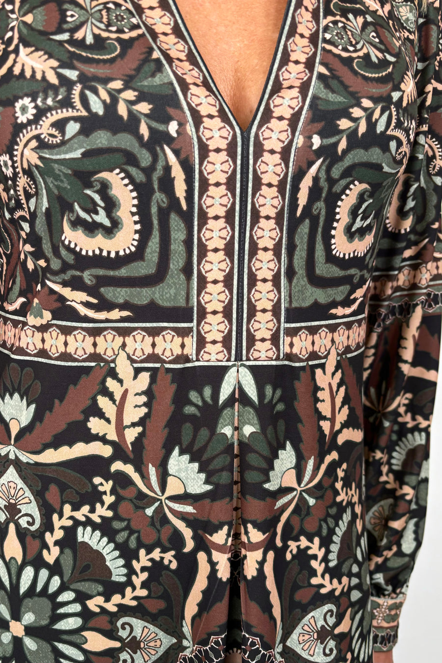 close-up of a short green long sleeve patterned dress