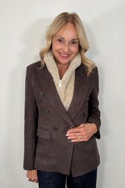 woman wearing faux suede leather brown blazer