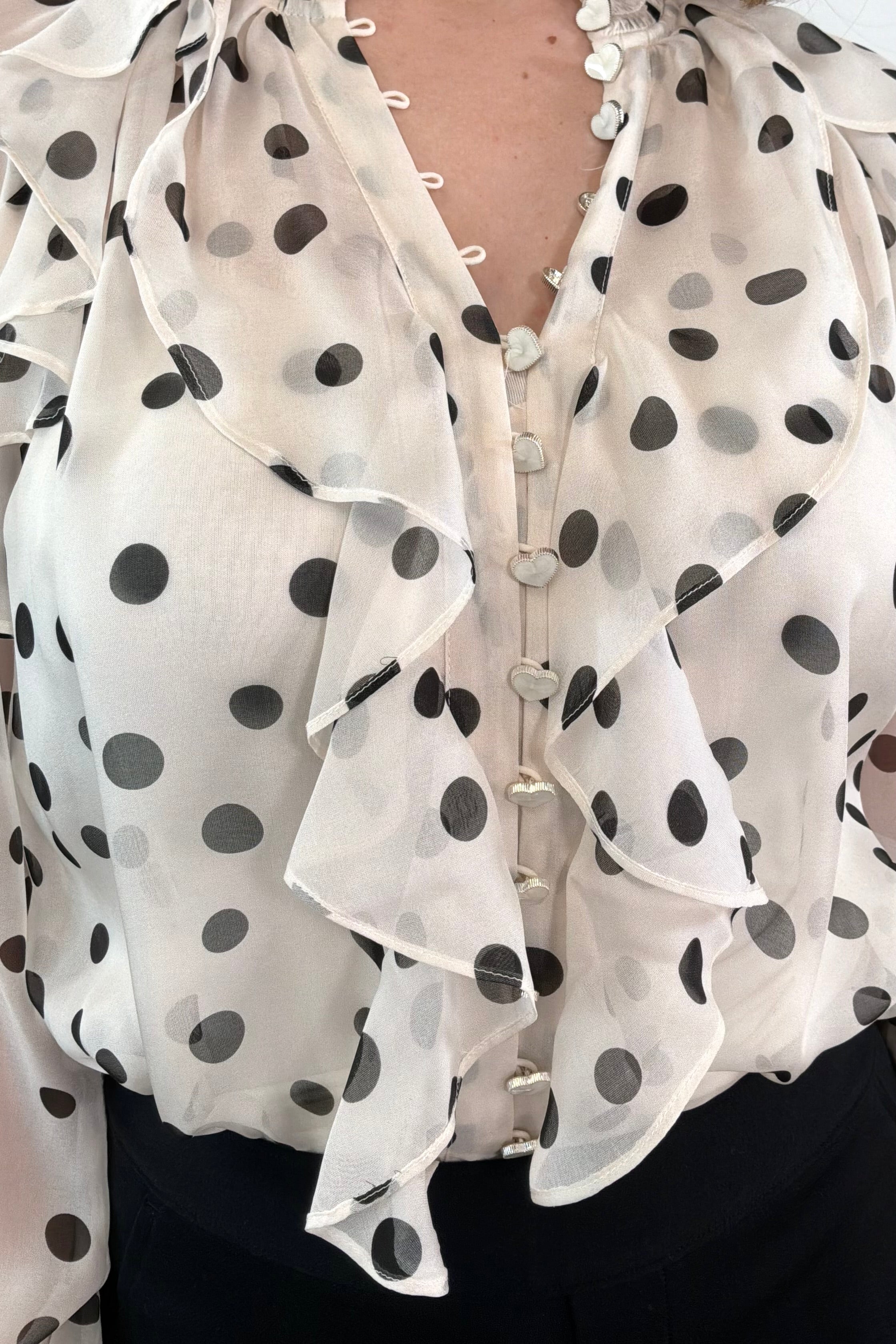 close-up of a sheer ruffle blouse with polka dots tucked in