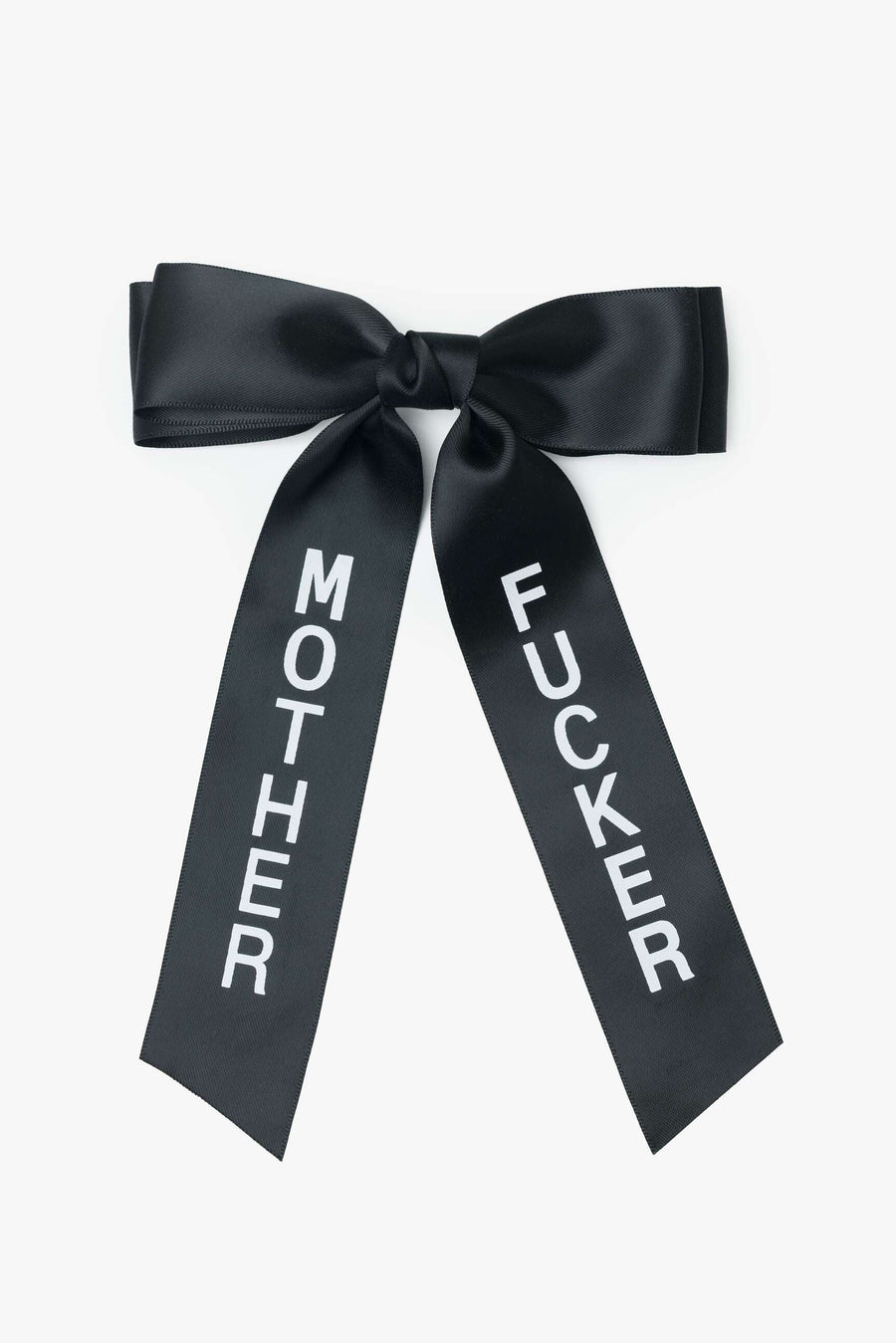 Black satin bow with mother fucker on a white background