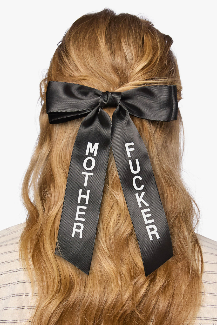 Black satin bow with mother fucker on a white background