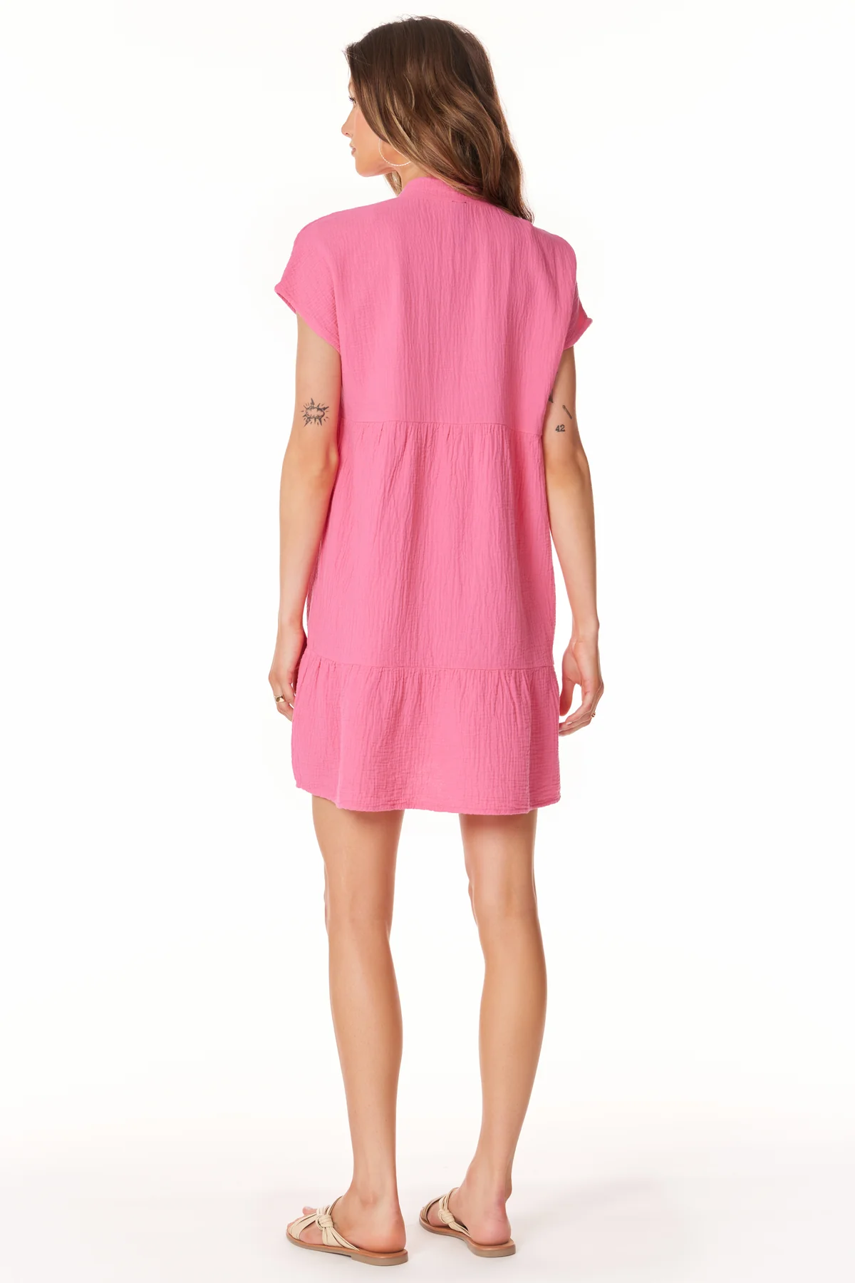 Bobi Tiered V Neck Dress in Tropical Pink - Size L Available