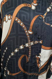 Close up view of printed button up shirt buttons 