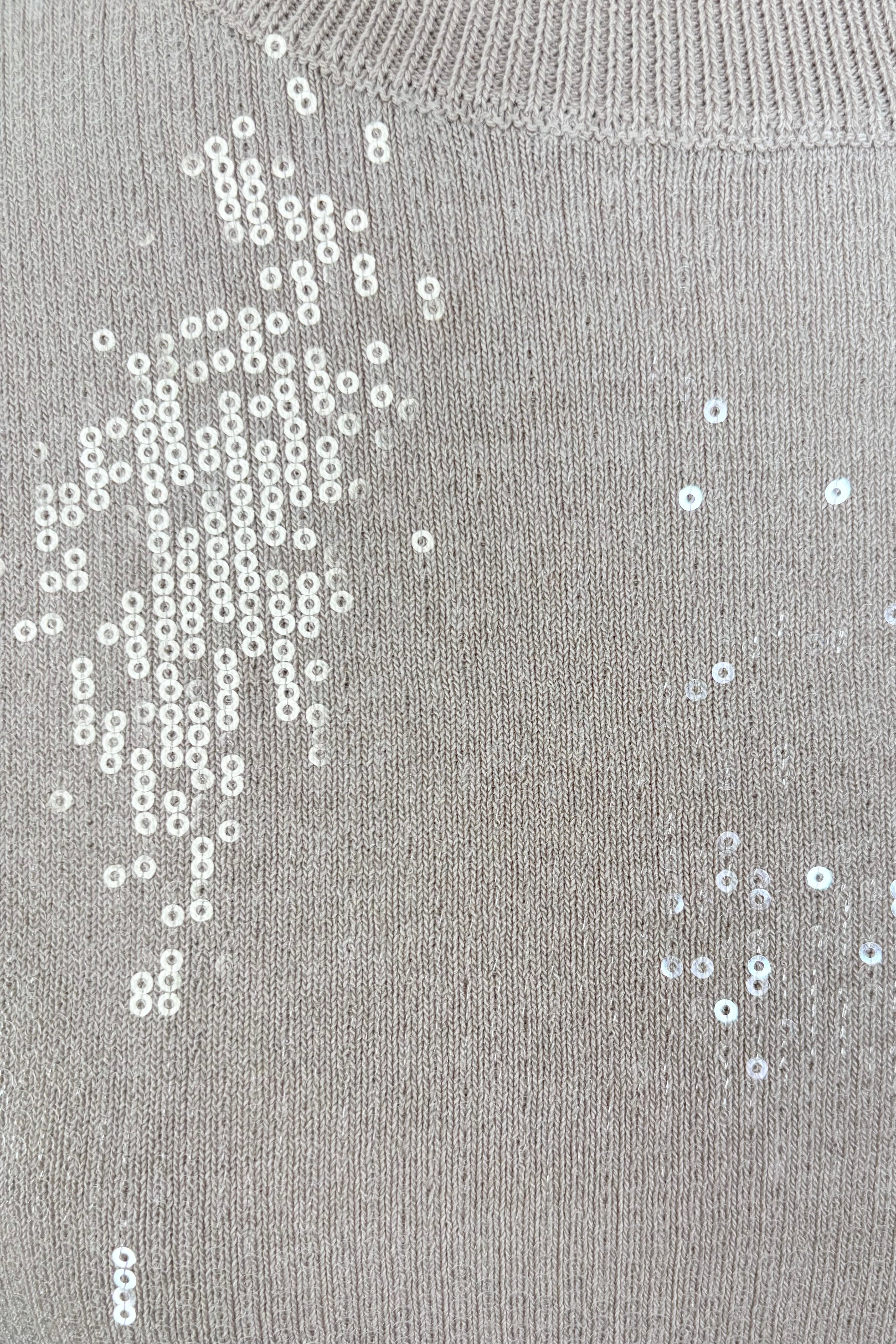 close-up of a beige sequin short sleeve top