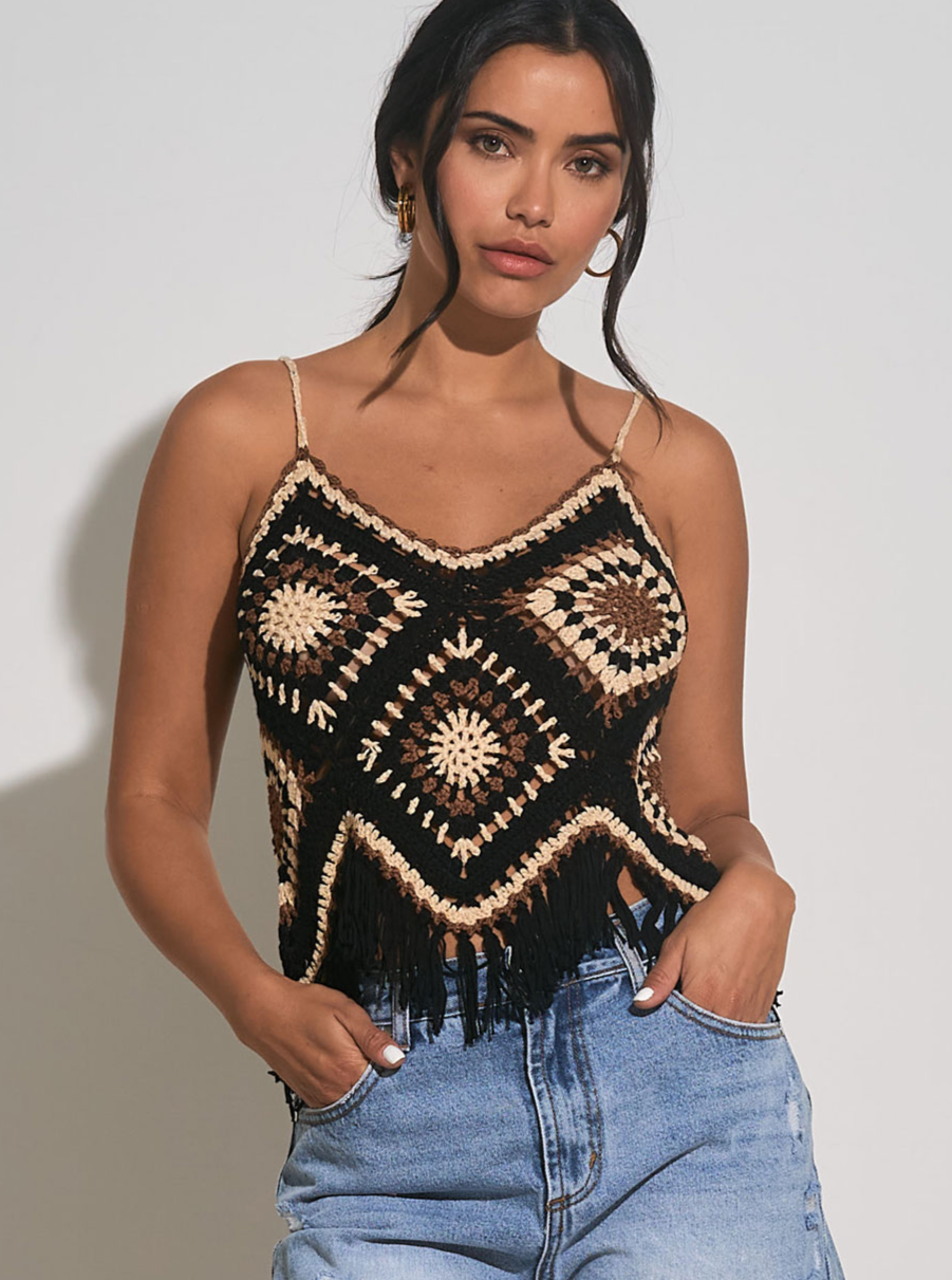 Elan Crochet Tank With Fringe - Size S Available