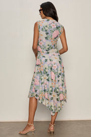 back view of floral print sleeveless midi asymmetrical dress 