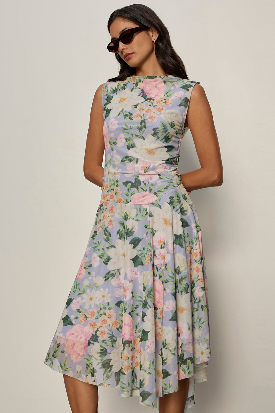 front view of floral print sleeveless midi asymmetrical dress 
