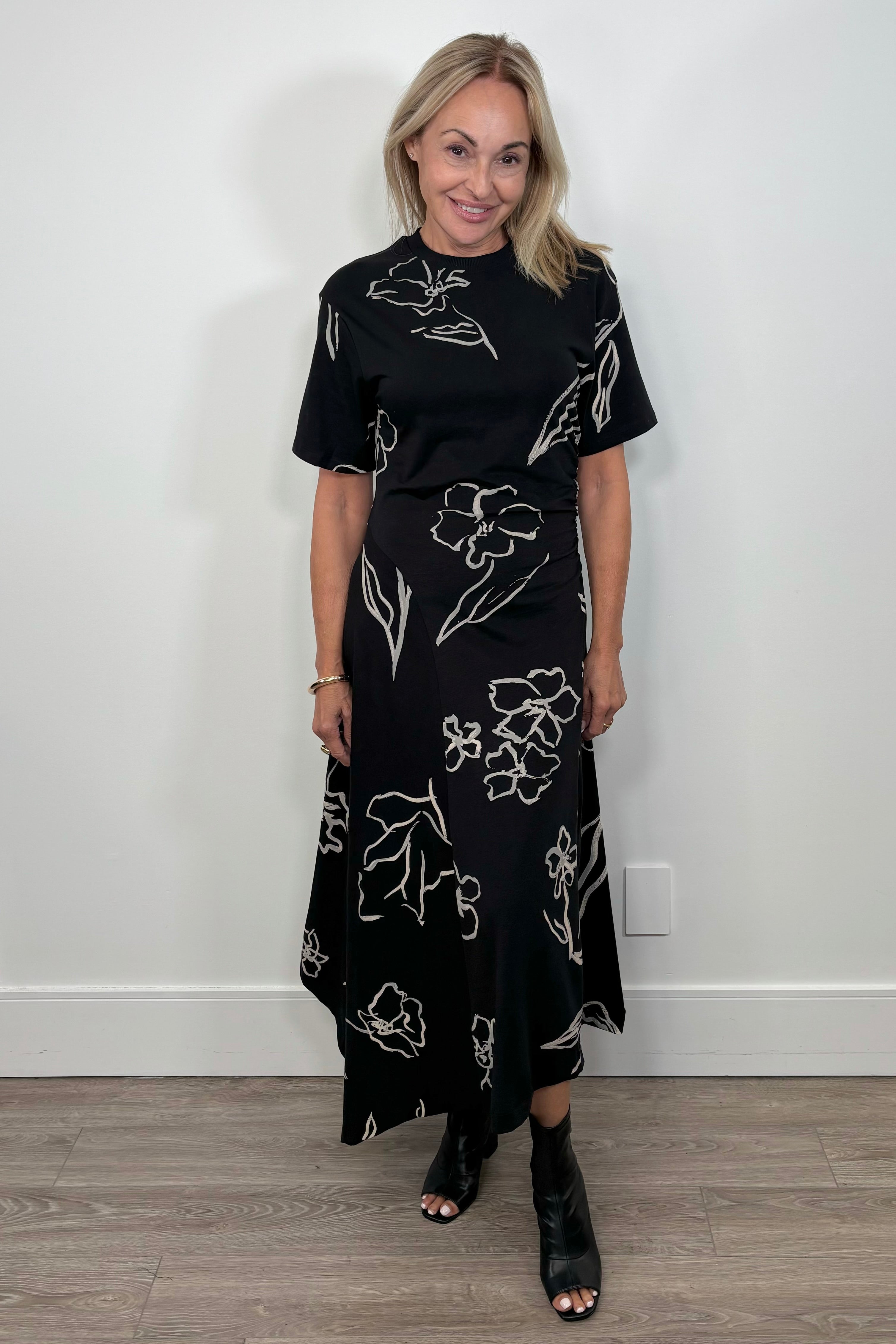 Front view of woman wearing a black floral dress 