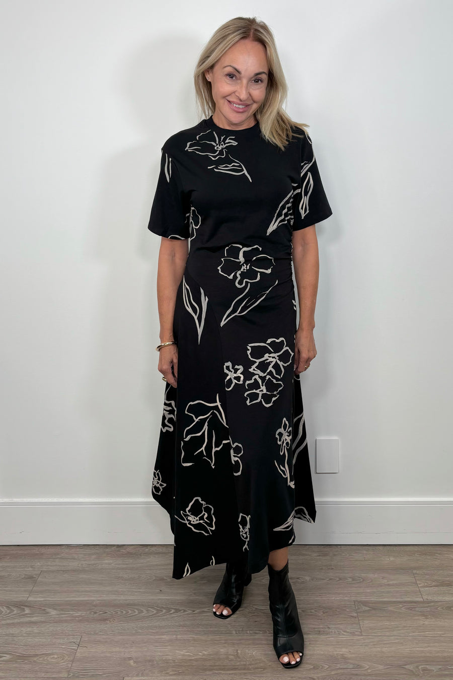 Front view of woman wearing a black floral dress 
