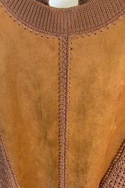 Close-up of a mixed crochet and suede leather short sleeve top crew neck