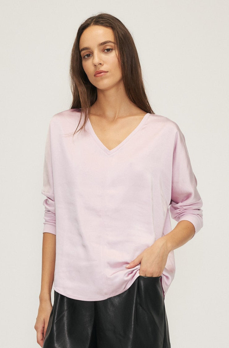 Melissa Nepton Cindy V-Neck Satin Rib Mixed Top in Lilac