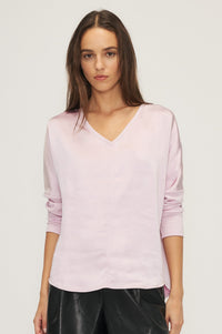 Melissa Nepton Cindy V-Neck Satin Rib Mixed Top in Lilac