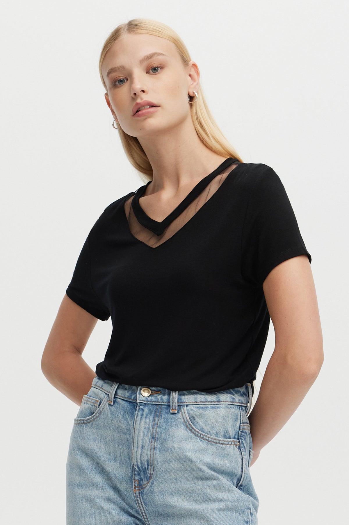 CHRLDR Tulle Inserts V-Neck Fitted T-Shirt