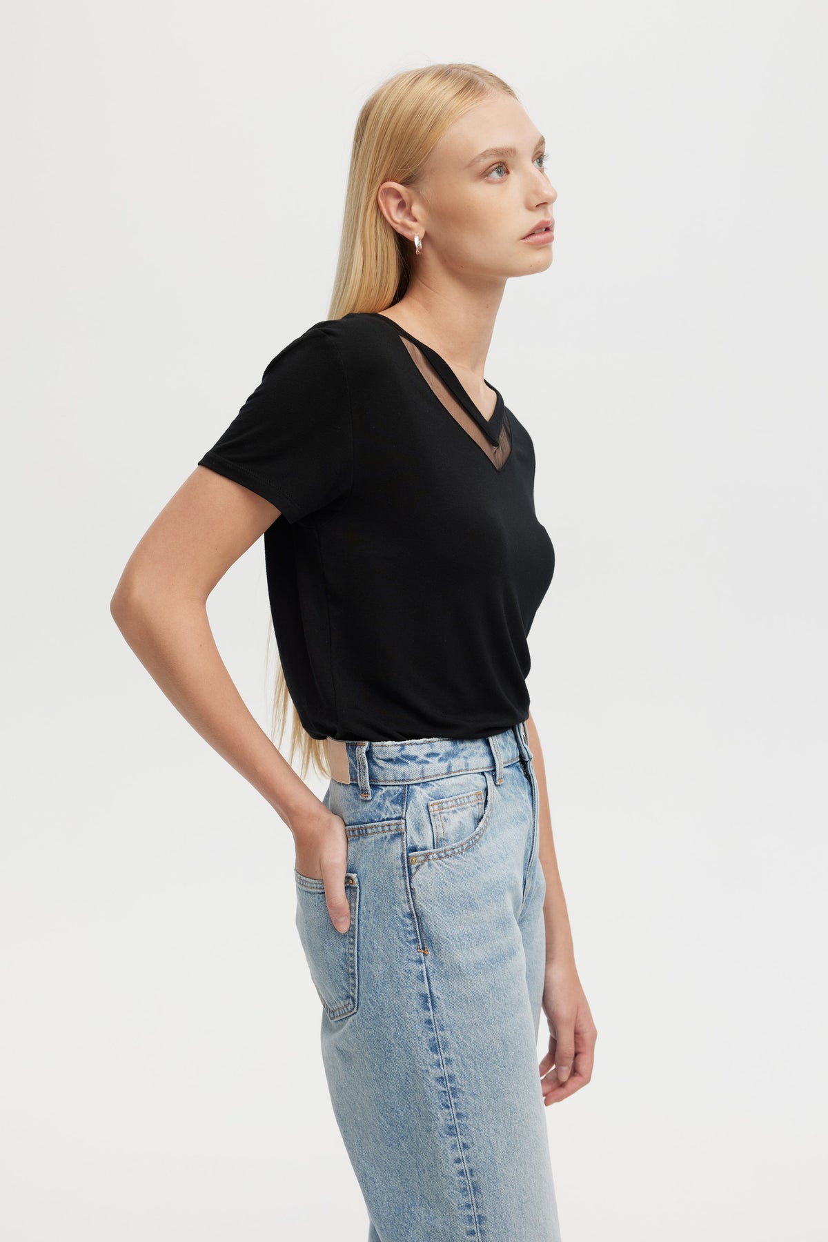 CHRLDR Tulle Inserts V-Neck Fitted T-Shirt