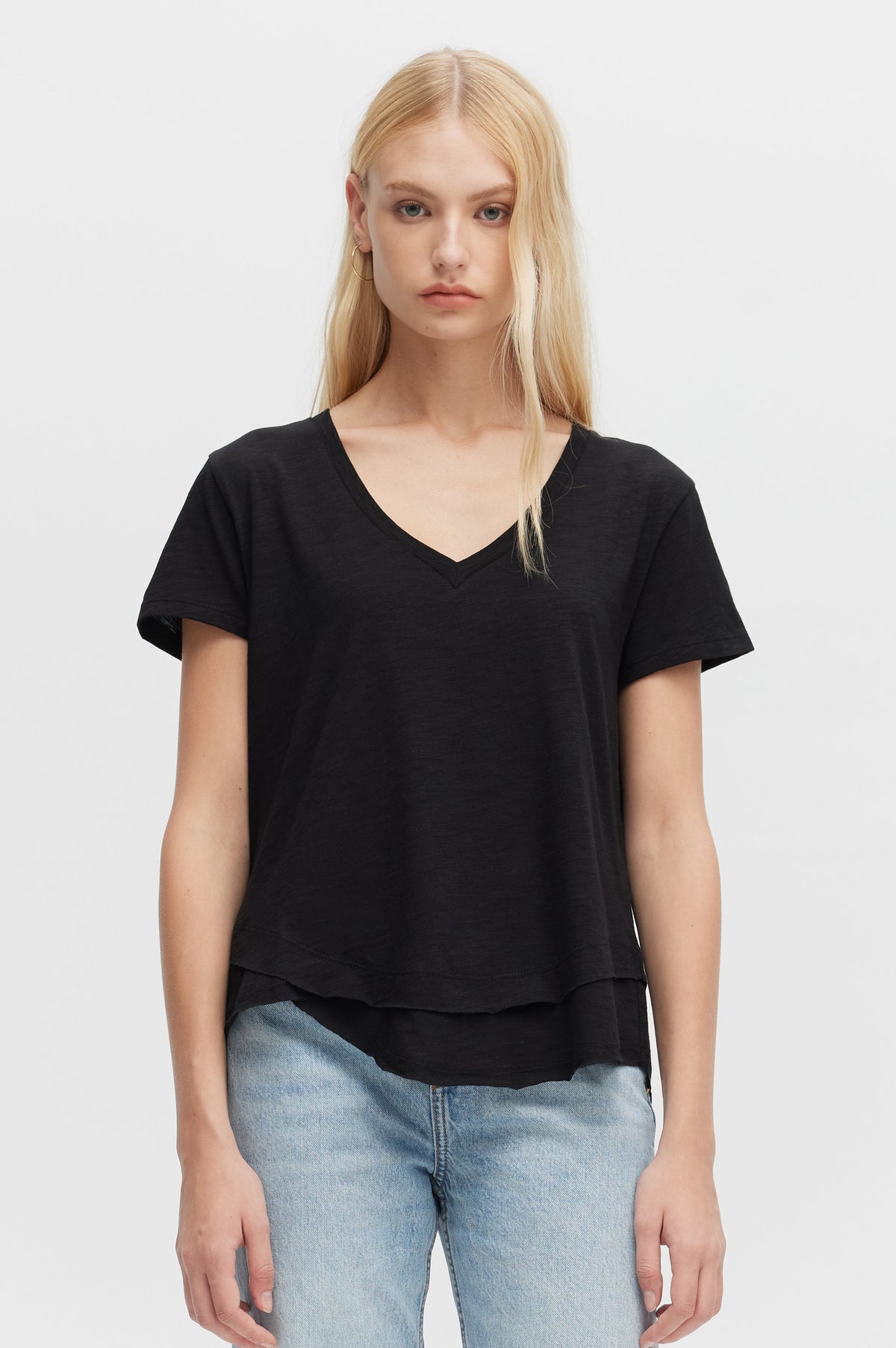 CHRLDR Ava V-Neck Mock Layer Tee in Black