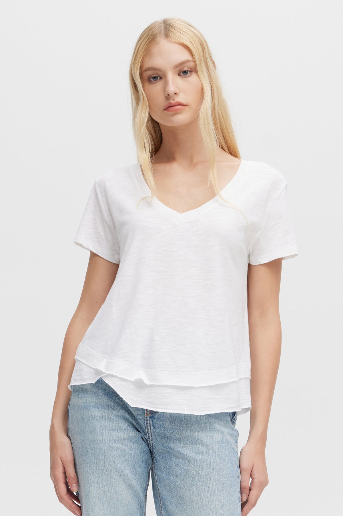 CHRLDR Ava V-Neck Mock Layer Tee in White