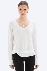 Chrldr Ava V-Neck Mock Layer Long Sleeve Tee in White