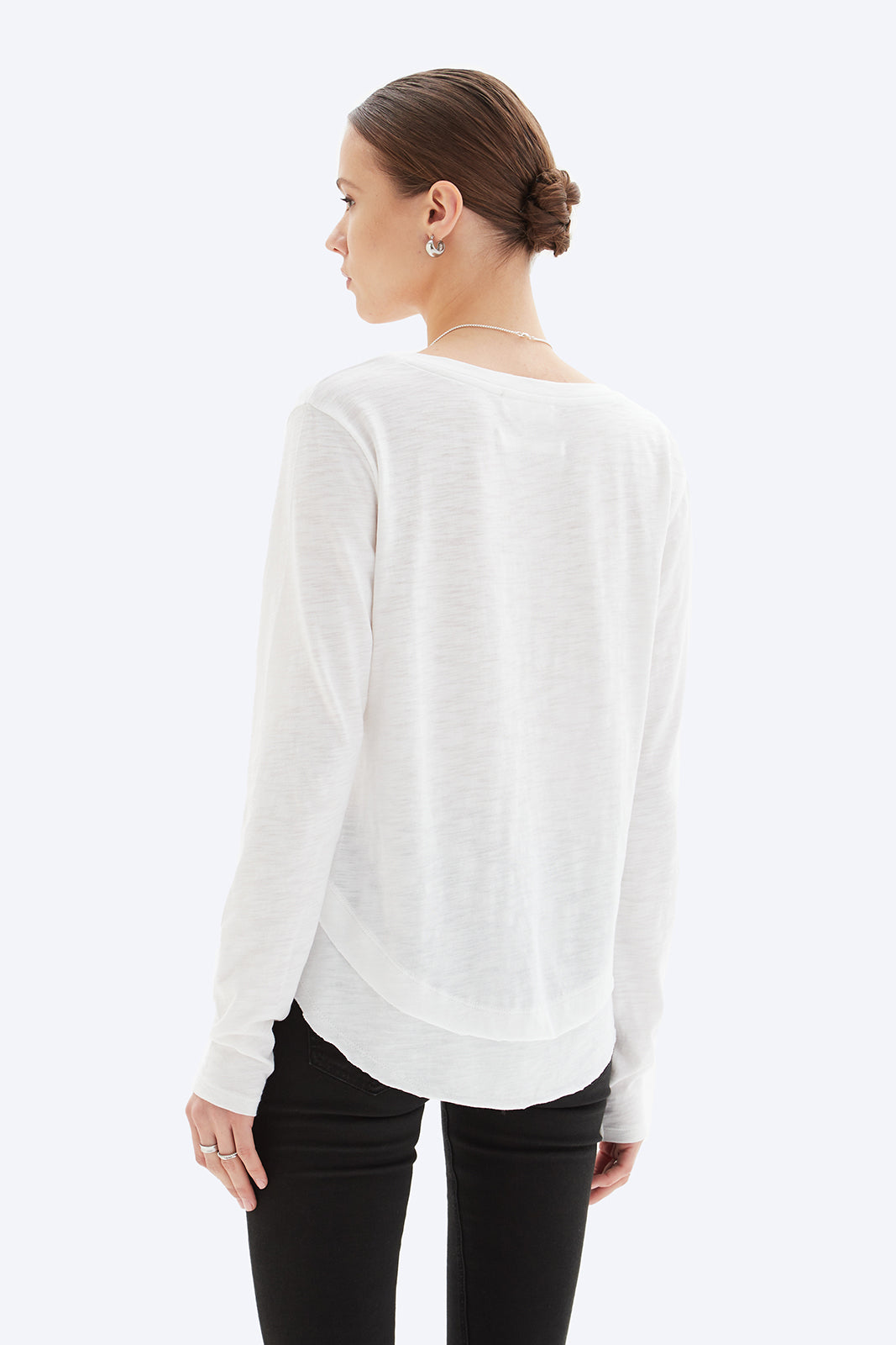 Chrldr Ava V-Neck Mock Layer Long Sleeve Tee in White