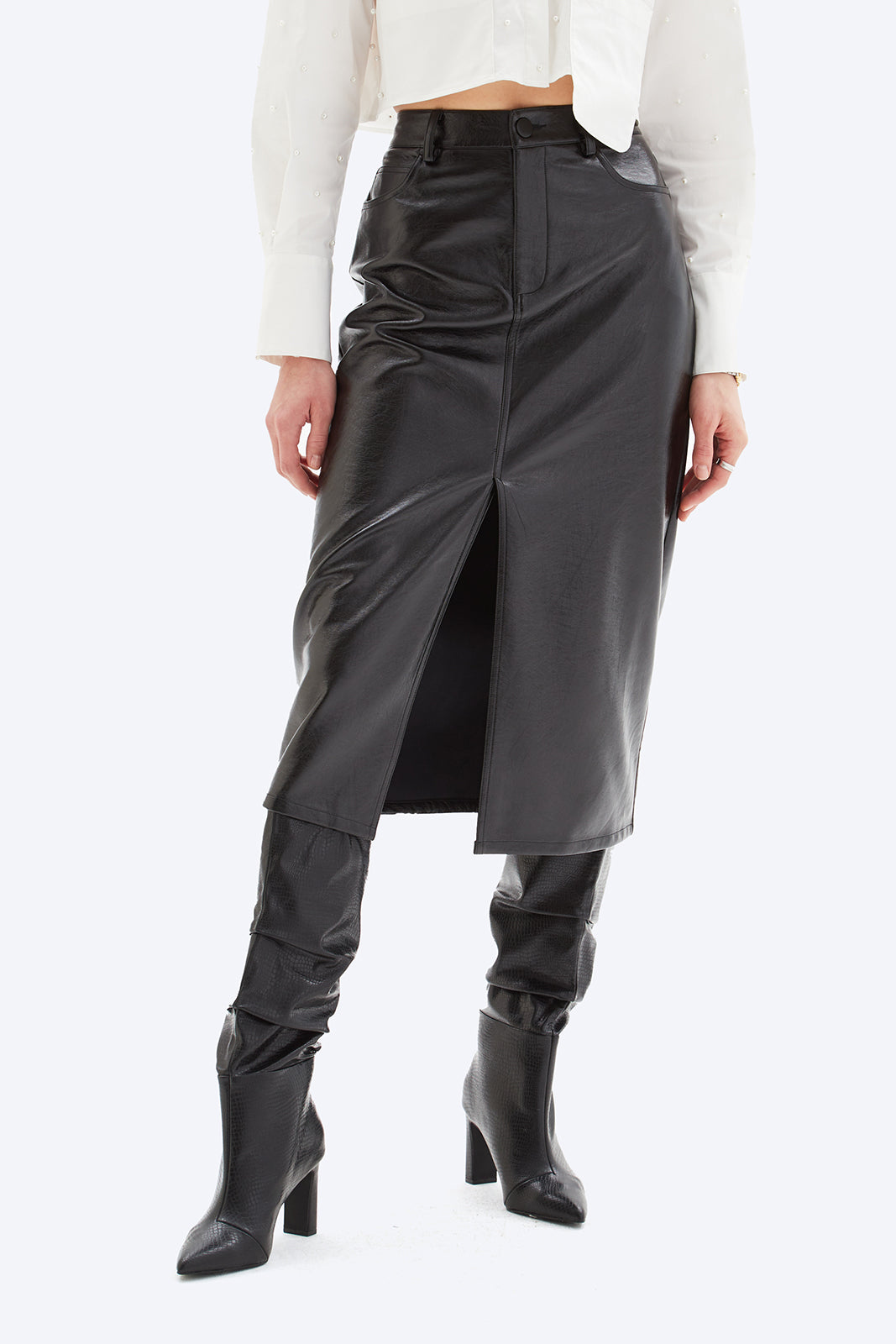 Chrldr Abby Slit Patent Leather Midi Skirt