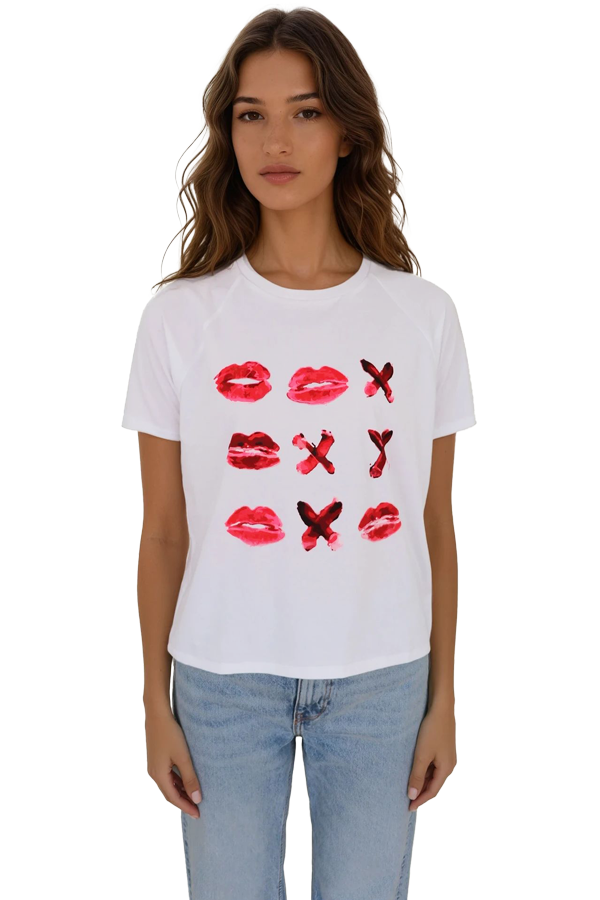 Woman wearing a white crewneck t-shirt featuring a red lips and X graphic print, front view