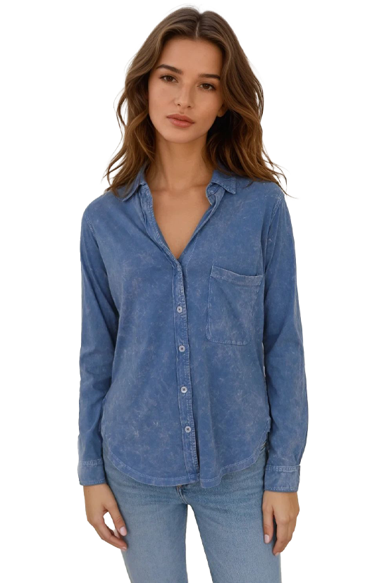 close up of woman wearing a washed blue button up blouse
