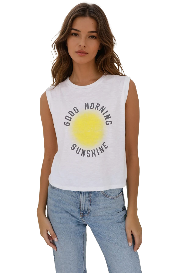 Woman wearing a white sleeveless muscle tank with “Good Morning Sunshine” text and yellow sun graphic, front view
